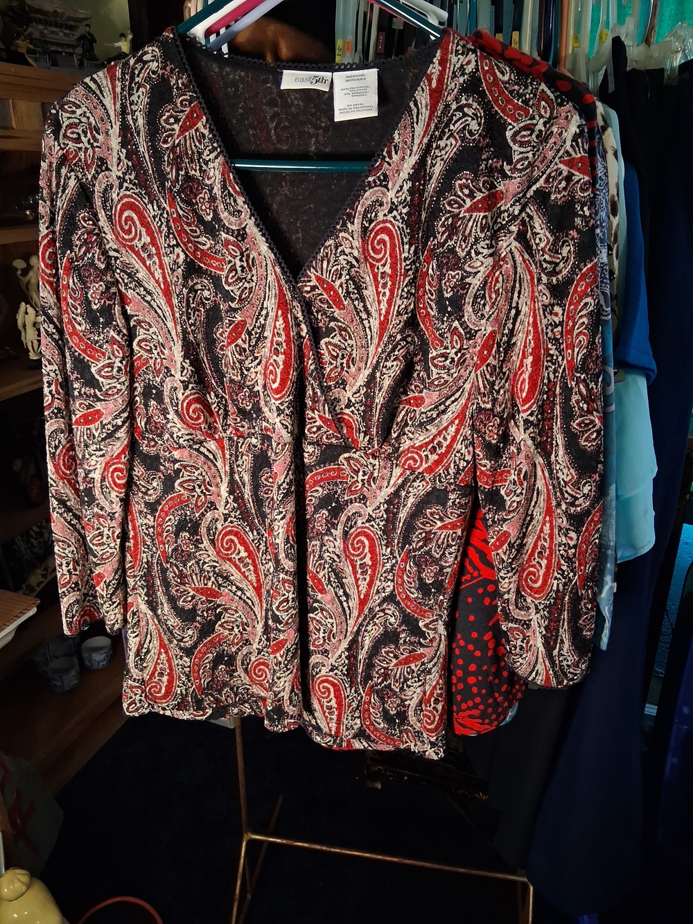 East 5th Paisley V-Neck Blouse in Black and Red